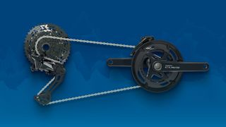 Shimano CUES drivetrain ecosystem against a blue background