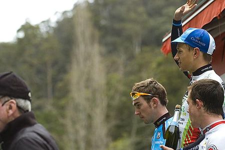 The stage four podium (l-r): Leigh Howard (2nd, Jayco/AIS), Richard Lang (1st, Titans-Race), and Brett Tivers (3rd, OEX-Team Enterprise).