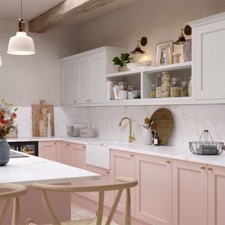 kitchen with pink and white coloured and wooden chopping board