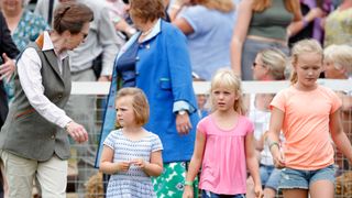Princess Anne, Princess Royal and granddaughters Mia Tindall, Isla Phillips and Savannah Phillips attend day 2 of the 2019 Festival of British Eventing at Gatcombe Park
