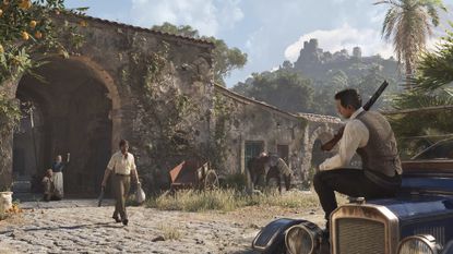 Mafia: The Old Country screenshot with characters in a courtyard holding guns