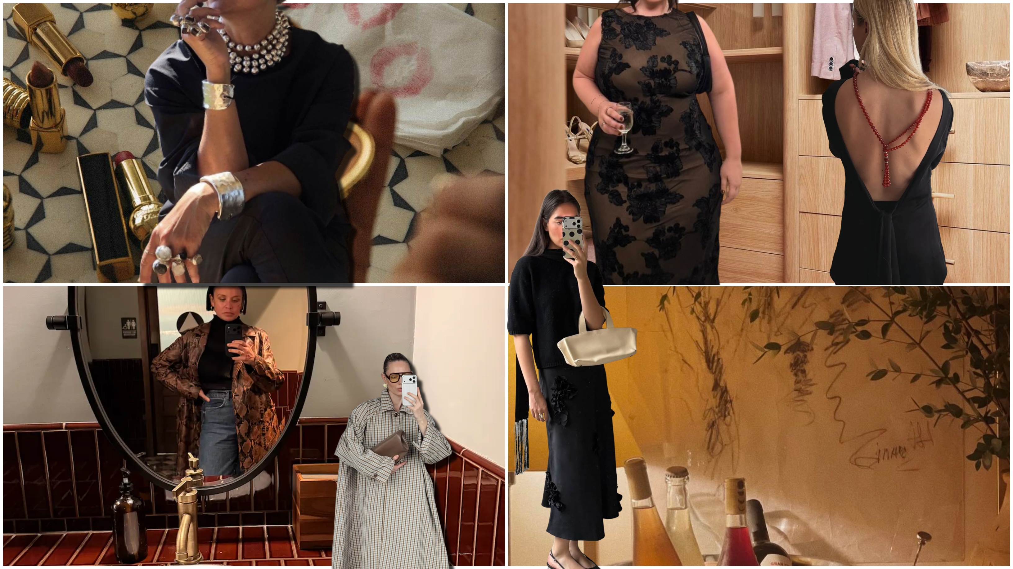 Collage of evening looks featuring statement silver jewelry, a sheer floral dress, an open-back black dress, a printed jacket with jeans, and a black midi dress with a clutch.