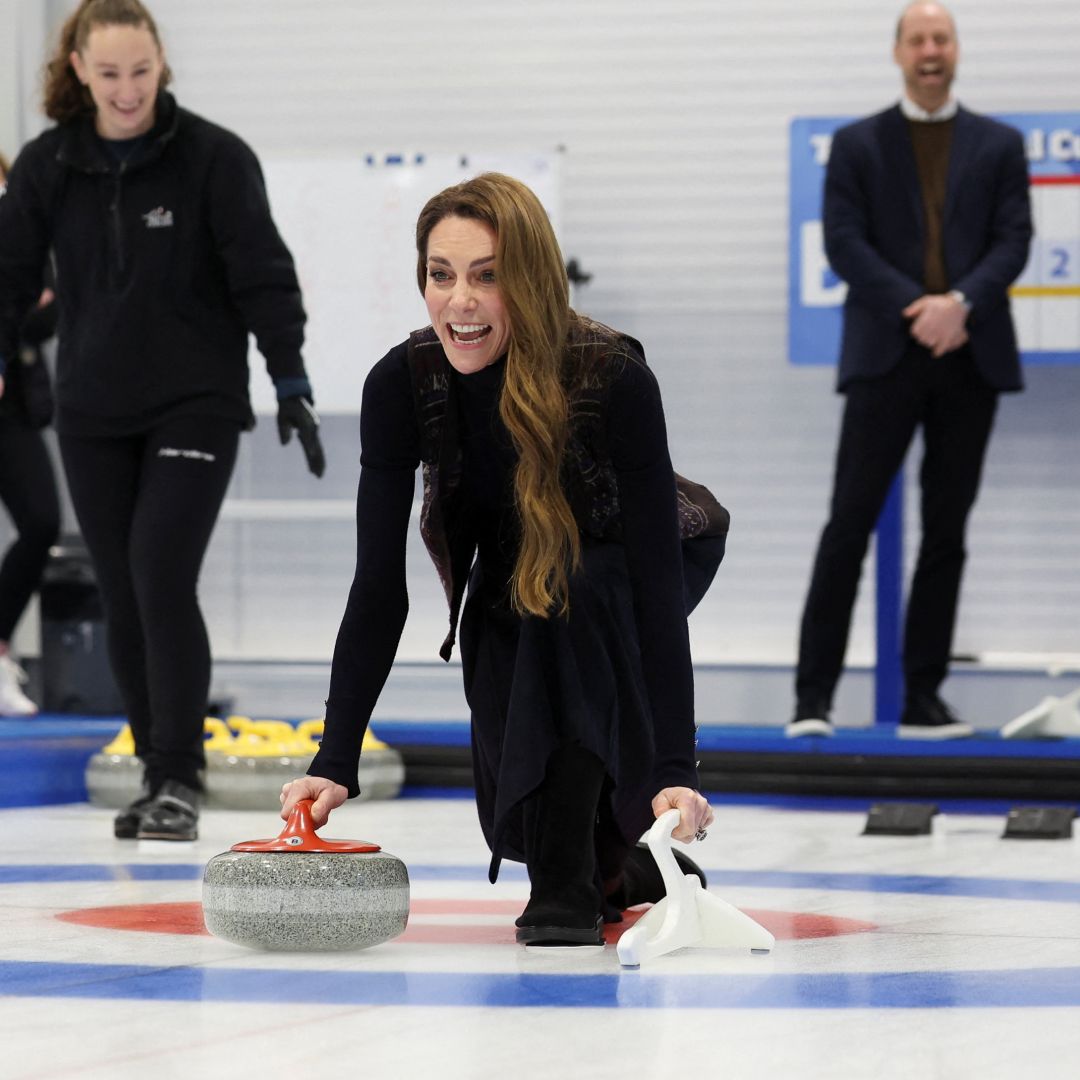 Princess Kate curling on ice with Prince William laughing behind her