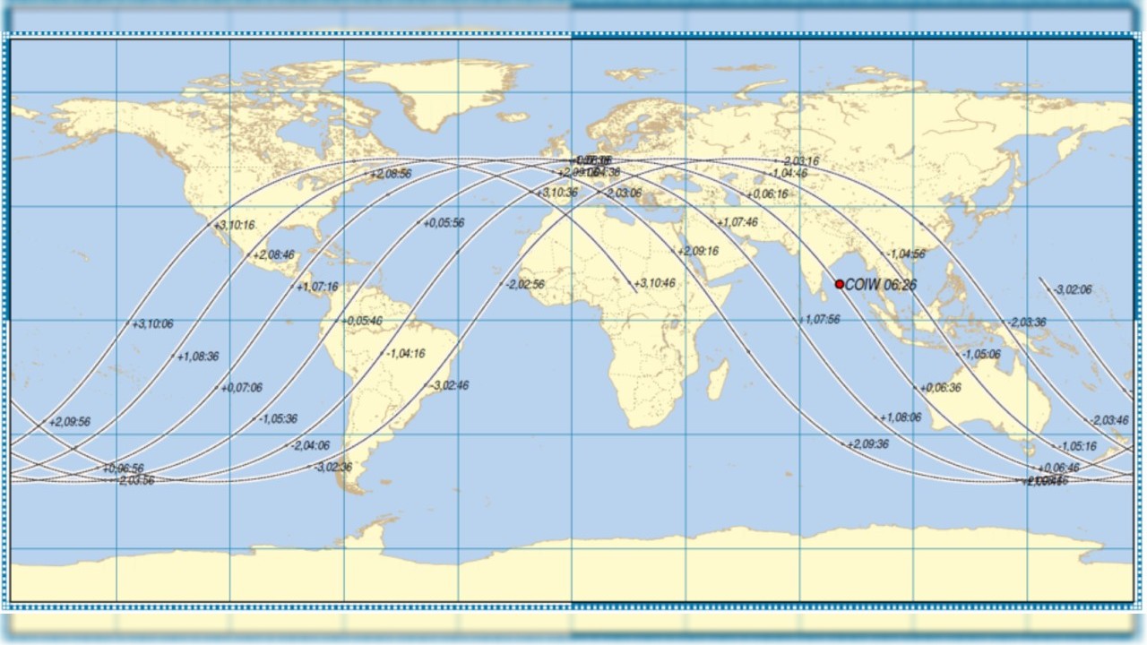 a map of the world with a spiraling line stretching across the center, overlapping most of the areas that aren't close to the poles