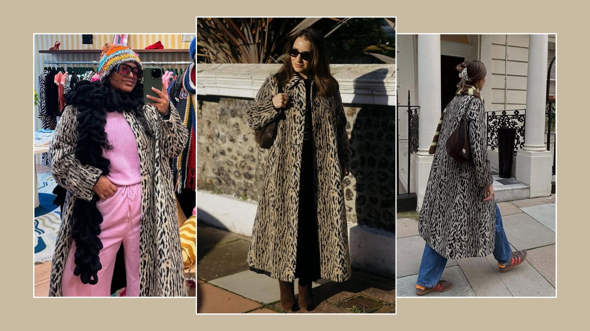 Three women wear a leopard print coat