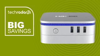 Hasee mini PC on a green background next to a TechRadar badge reading 'Big Savings'