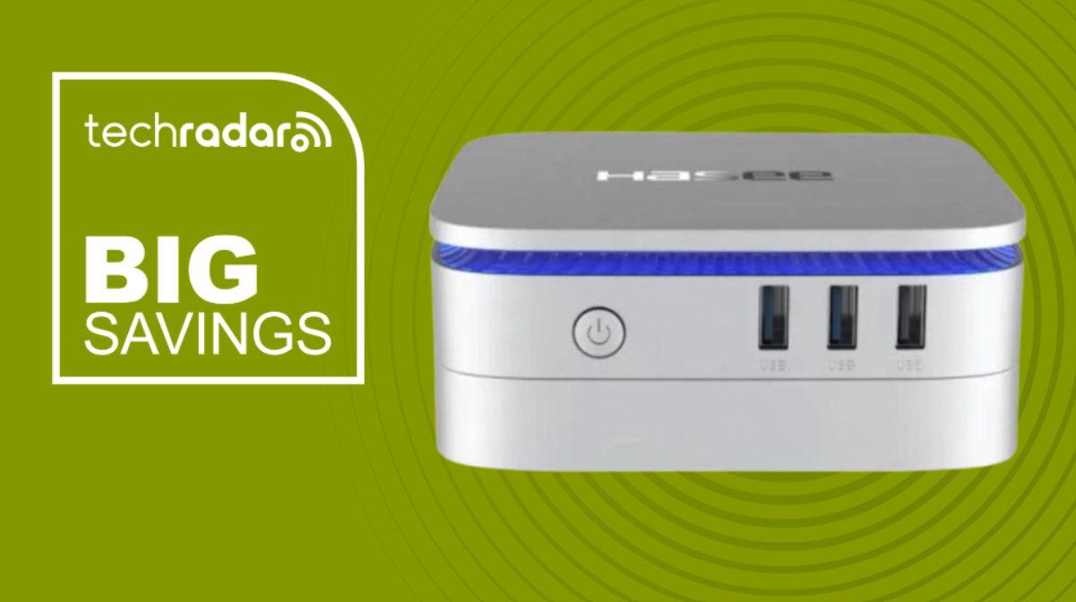 Hasee mini PC on a green background next to a TechRadar badge reading &#039;Big Savings&#039;