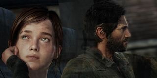 Ellie in the passenger seat, Joel driving the vehicle