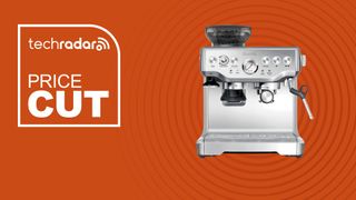The Breville The Barista Express on an orange background with text saying Price Cut.