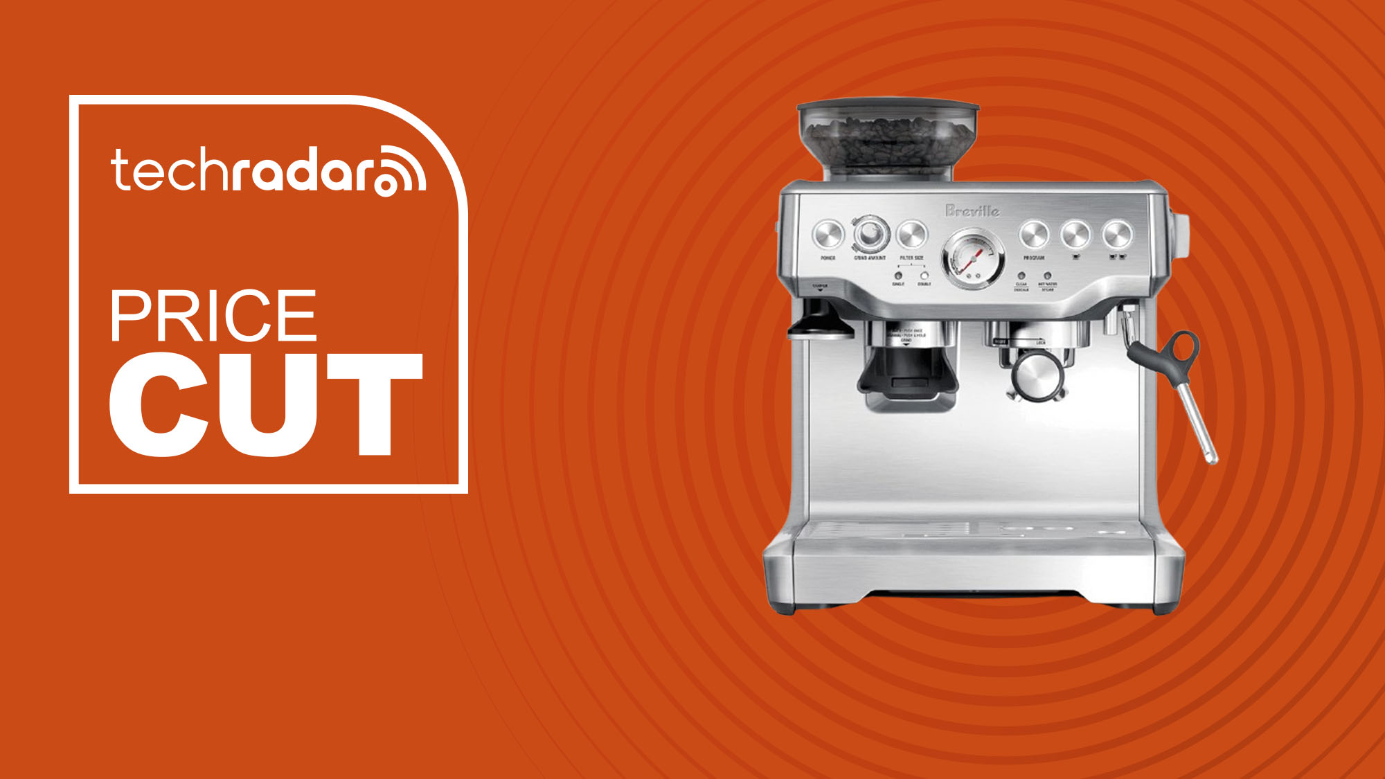 The Breville The Barista Express on an orange background with text saying Price Cut.