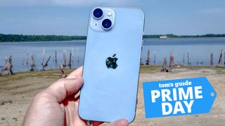 An iPhone 14 with a Prime Day badge