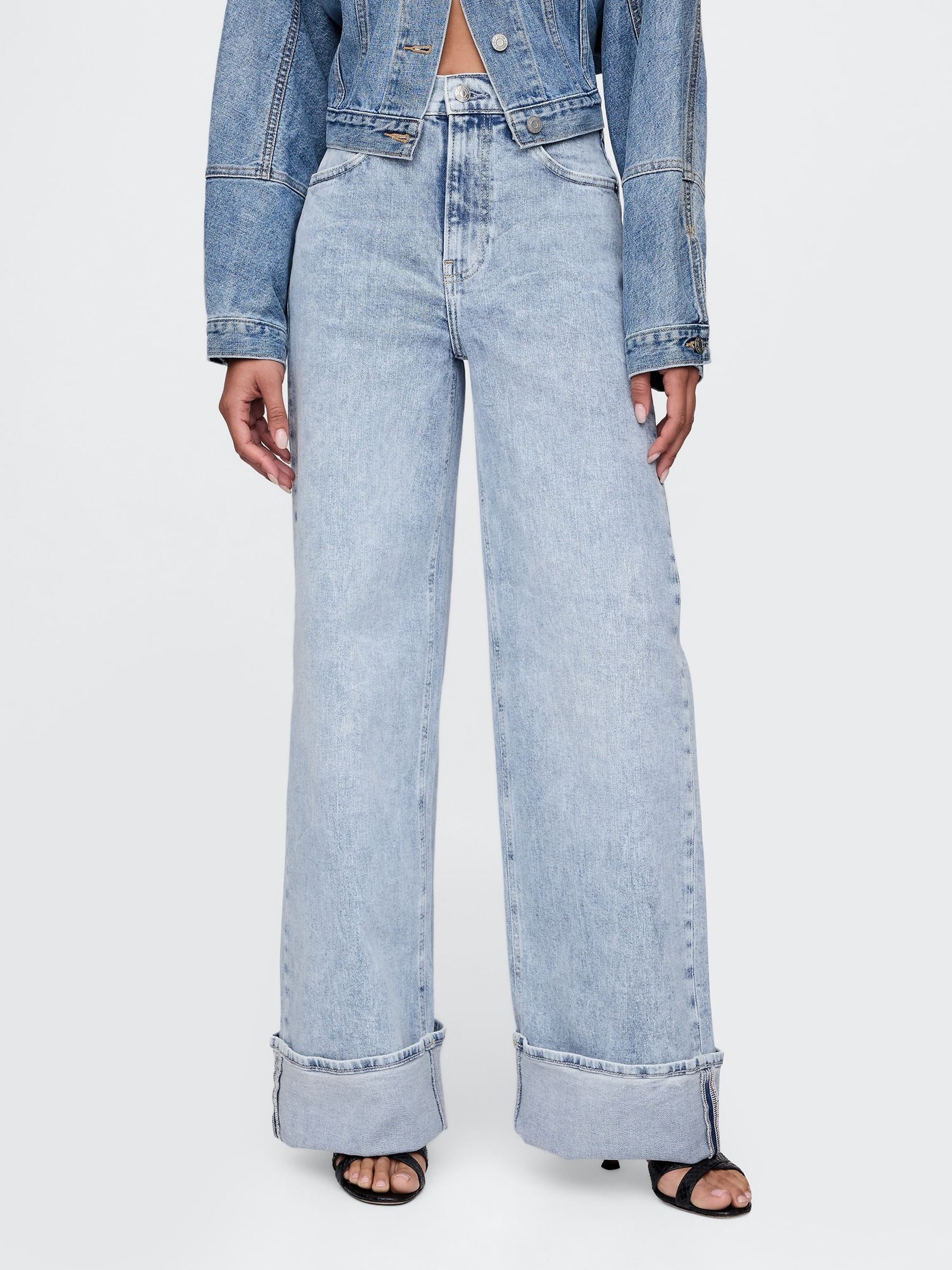 Blue High Waisted Stride Cuffed Wide-Leg Jeans