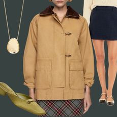 Collage of Barn Coat, Mini Skirt, Gold Necklace, and Green Satin Shoes