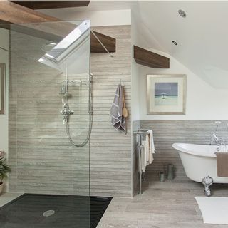 country bathroom with wood effect tiles and walk in shower