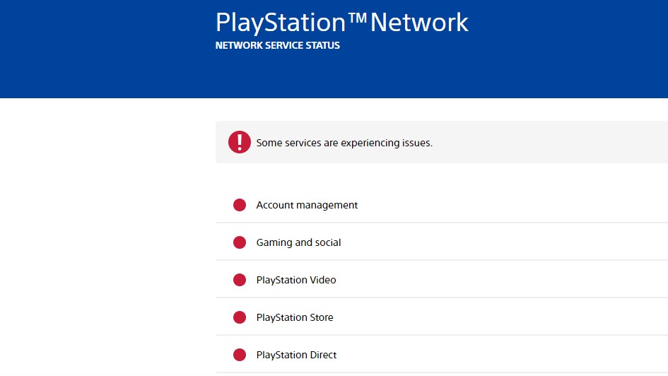 Все -красные индикаторы официальной страницы статуса PlayStation Network