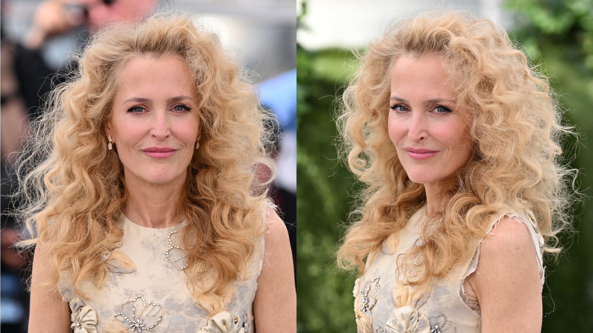 Image of Gillian Anderson smiling with voluminous blonde corkscrew hair (L) and an image of Gillian Anderson standing to the side (R)