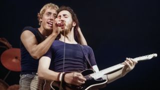 Roger Daltrey (left) and Pete Townshend of The Who perform on stage during a tour of the United States in September 1979.
