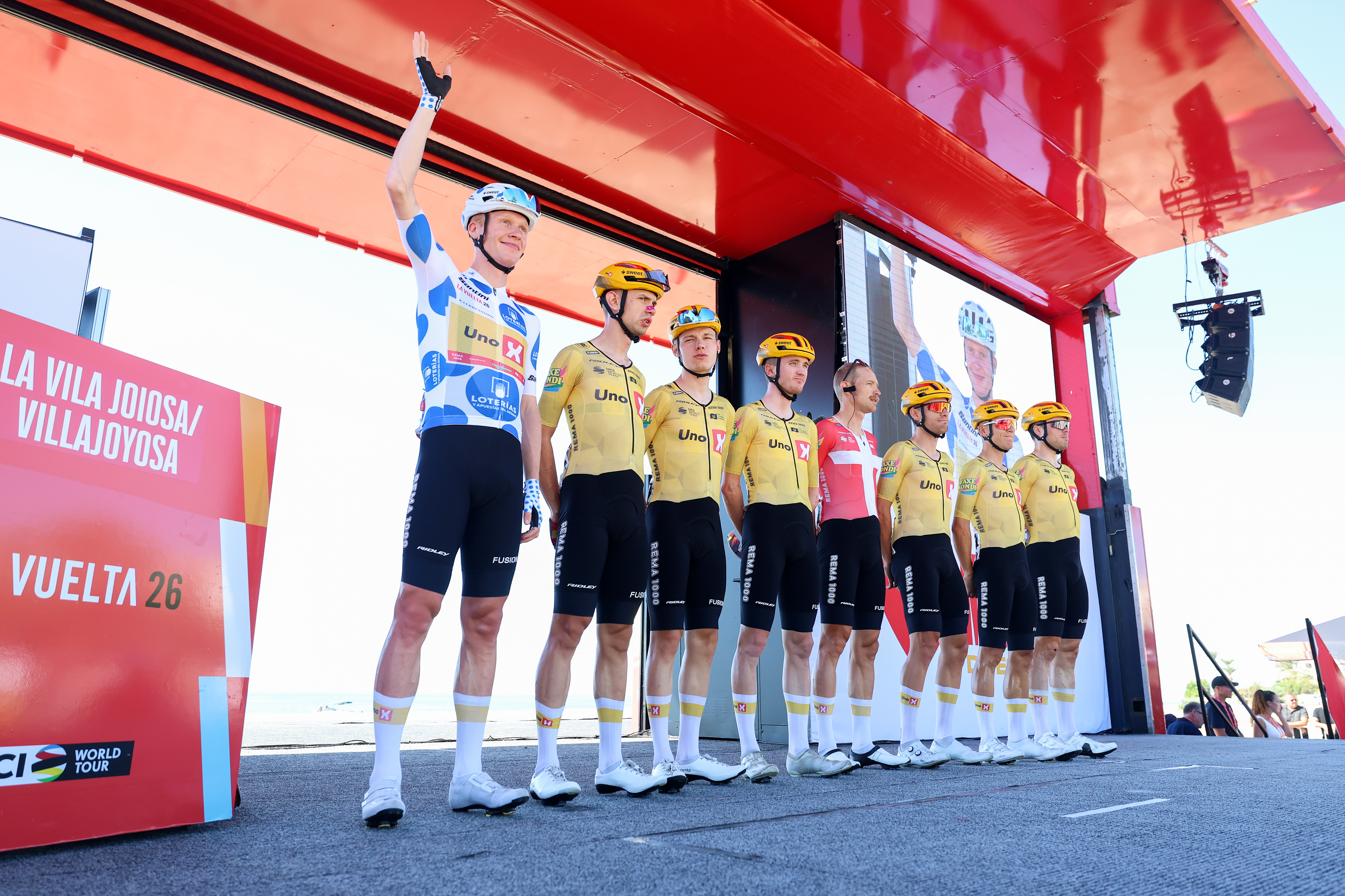 VILLAJOYOSA, SPAIN - AUGUST 30: Magnus Cort of Denmark, Simon Dalby of Denmark, Fredrik Dversnes of Norway, Tobias Halland Johannessen of Norway, Andreas Kron of Denmark, Andreas Leknessund of Norway, Rasmus Tiller of Norway, Martin Tjotta of Norway and Team Uno-X Mobility prior to the La Vuelta - 81st Tour of Spain 2026, Stage 9 a 187.4km stage from Villajoyosa to Alto de Aitana 1544m / #UCIWT / on August 30, 2026 in Villajoyosa, Spain. (Photo by Alexander Hassenstein/Getty Images)