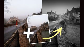 A two-image composite depicting a ghost, including the two other images used to create the composite showing an old English village and a woman in a red cloak