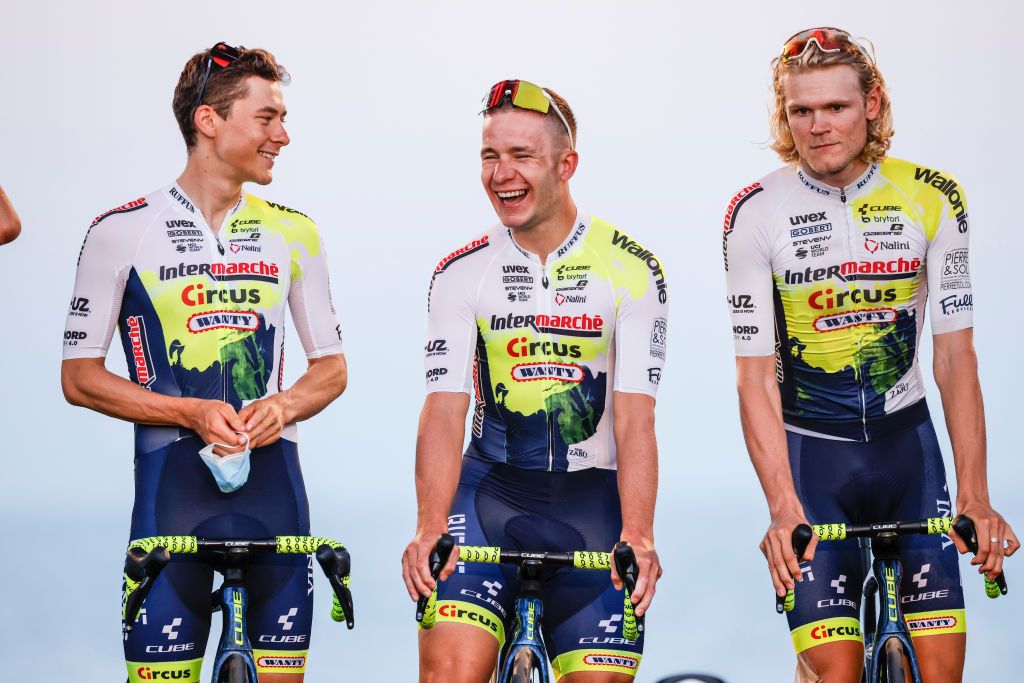 Rune Herregodts Gerben Thijssen Julius Johansen of Intermarche Circus Wanty during the La Vuelta 23 Team Presentation of the 78th Tour of Spain 2023 on August 24 2023 in Barcelona Spain Photo by GongoraNurPhoto via Getty Images