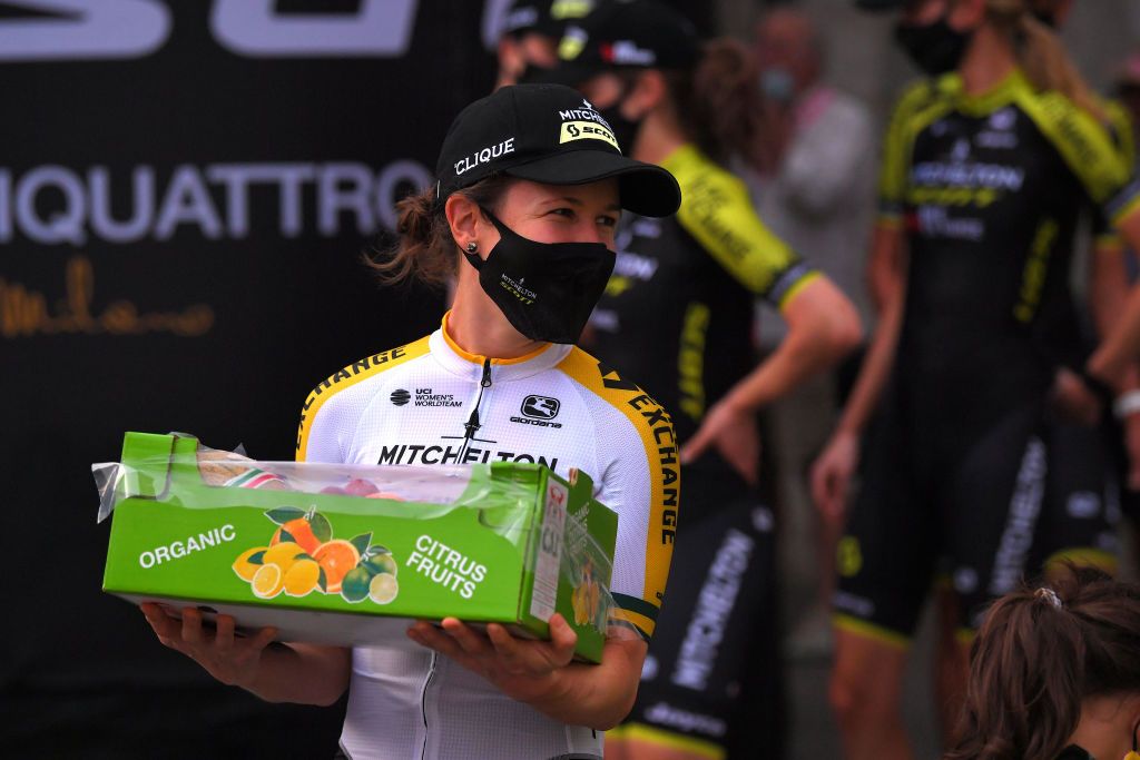 Australian road race champion Amanda Spratt (Mitchelton-Scott-Scott) seemed very happy by what appeared to be a gift of fruit at the teams presentation at the 2020 Giro Rosa