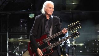 Jimmy Page performs onstage during the 38th Annual Rock & Roll Hall Of Fame Induction Ceremony at Barclays Center on November 03, 2023 in New York City