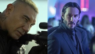 Dave Bautista aiming a rifle in The Killer's Game, Keane Reeves looking at camera in John Wick