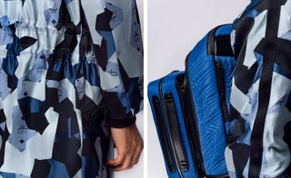 Two images, Left- MCM blue jacket, Right- close up of mcm blue jacket and bag