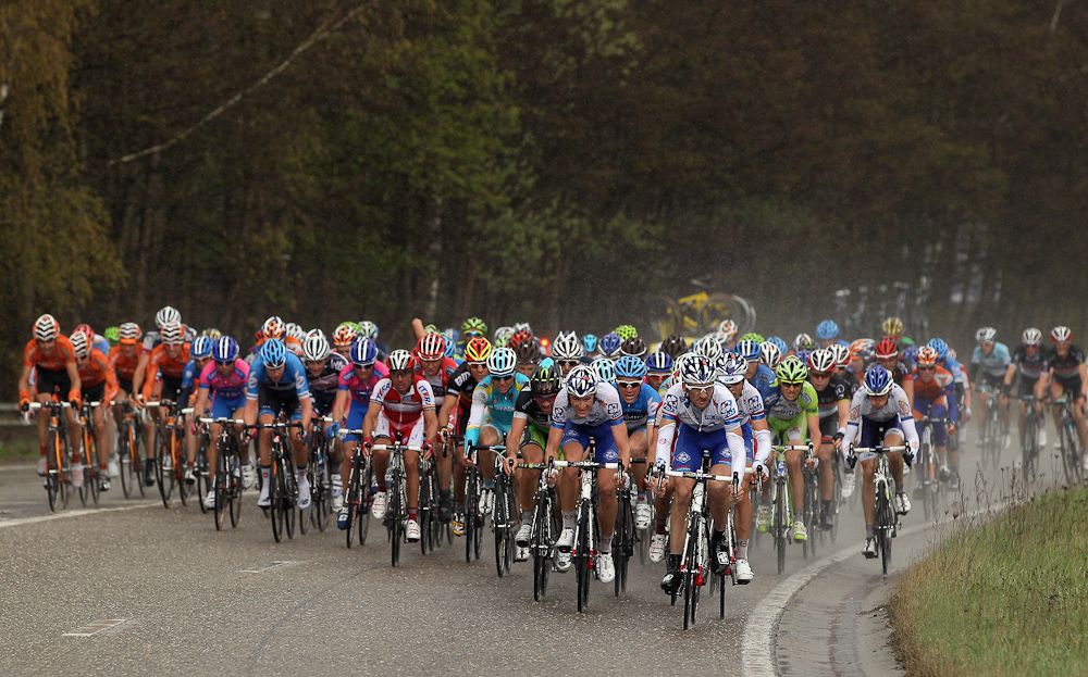 The peloton makes its way through the Belgian countryside during the 76th La Fleche Wallonne in 2012.