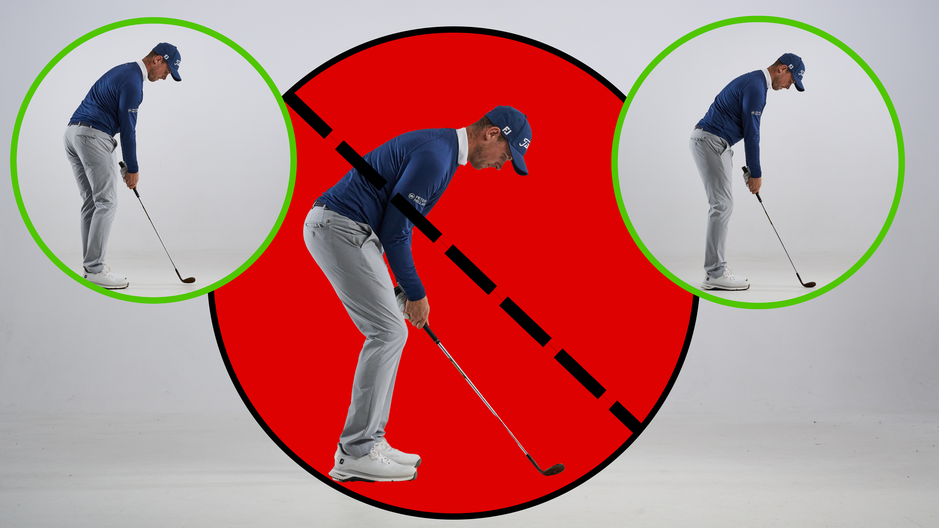 Alex Buckner demonstrating the incorrect hunched set up position which leads to chunking chip shots, highlighted by a red circle with a black line through it, with two images of Alex Buckner demonstrating the correct chipping technique which are surrounded by green circles to signify correct technique