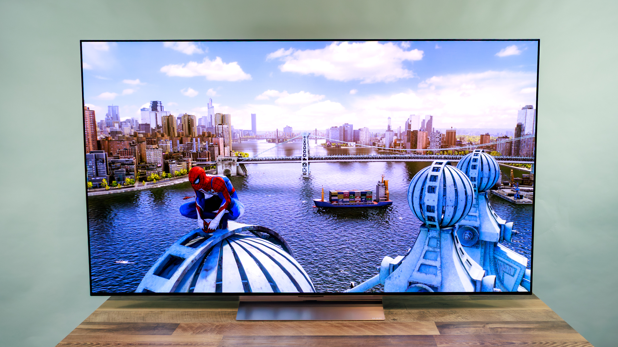 LG C6 OLED TV on a table playing Marvel&amp;rsquo;s Spider-Man 2 game
