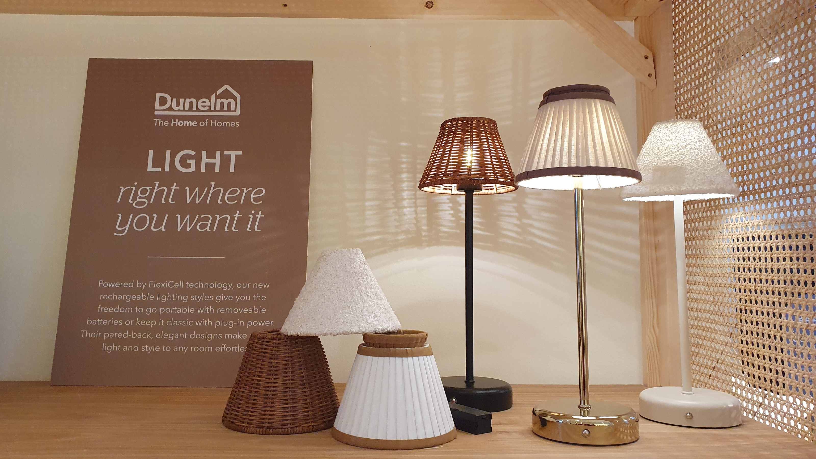 Dunelm's FlexiCell rechargeable and interchangeable table lamps and lampshades at the Dunelm spring/summer 2026 press preview