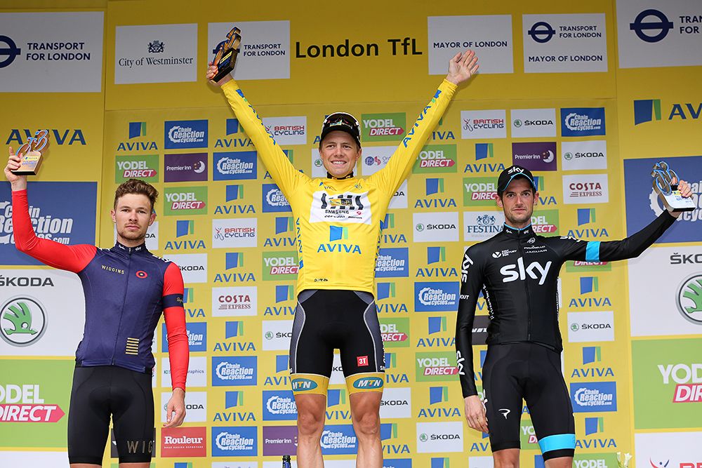 Edvald Boasson Hagen on the final podium at the Tour of Britain with Wout Poels and Owain Doull.