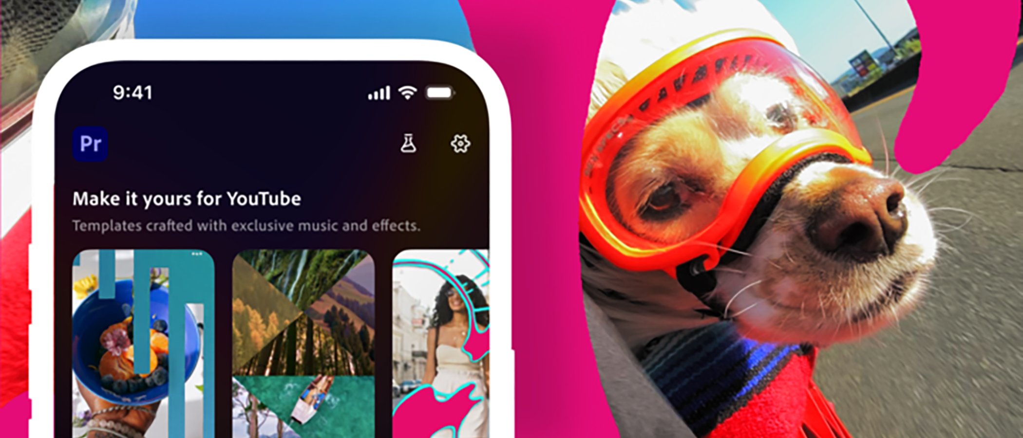 An image of a dog in goggles next to a phone showing the YouTube Shorts content creation space inside the Adobe Premiere video editing app