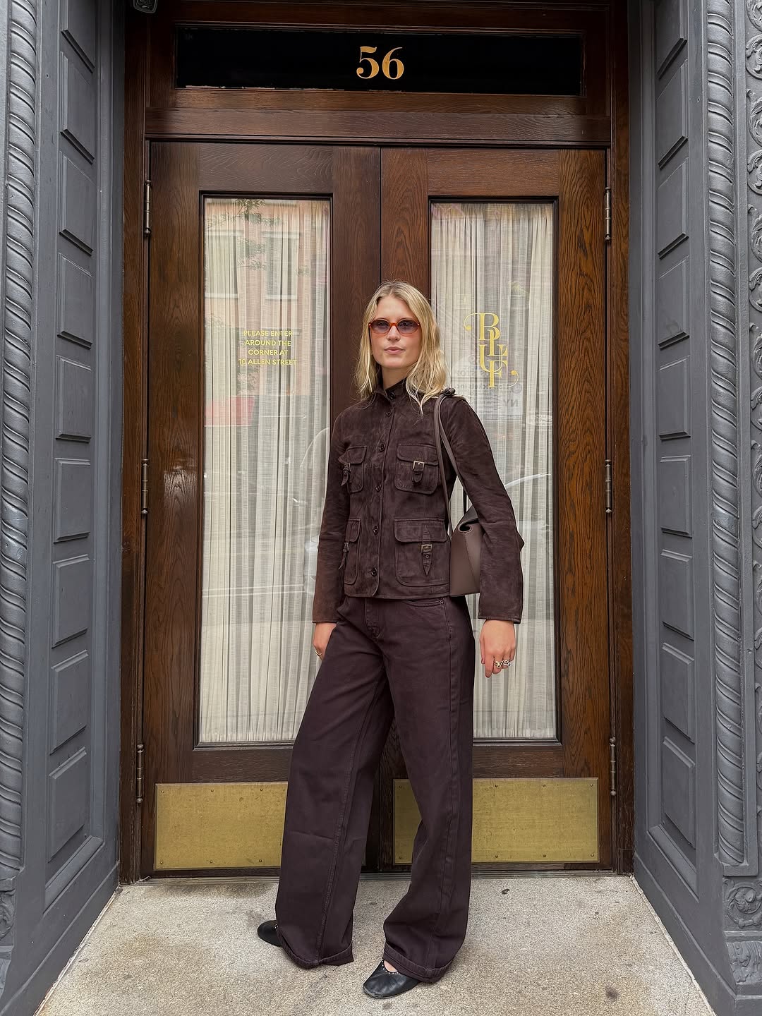 woman wearing winter ballet flat outfit 2025