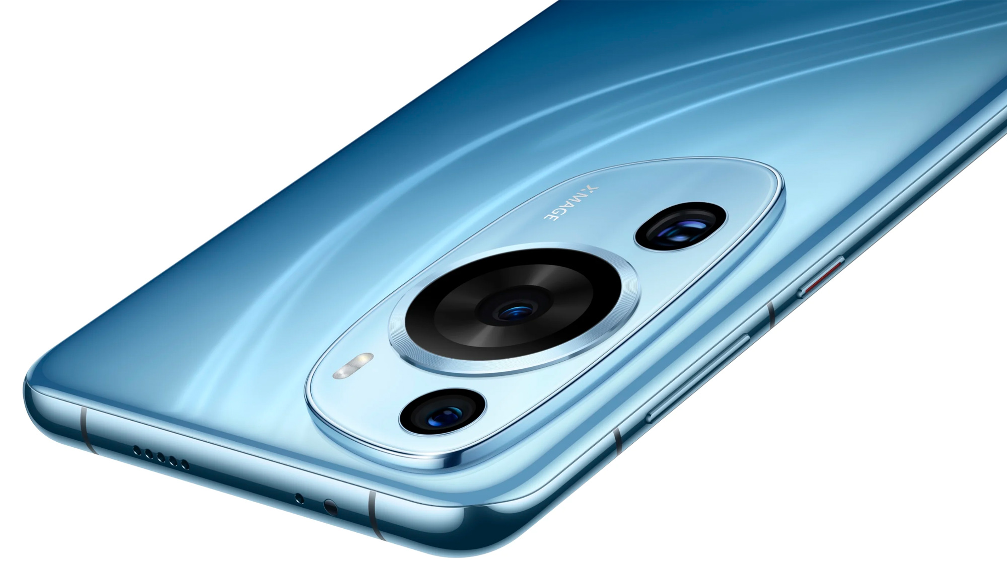 Huawei P60 Art Azure Blue camera closeup angled back press image