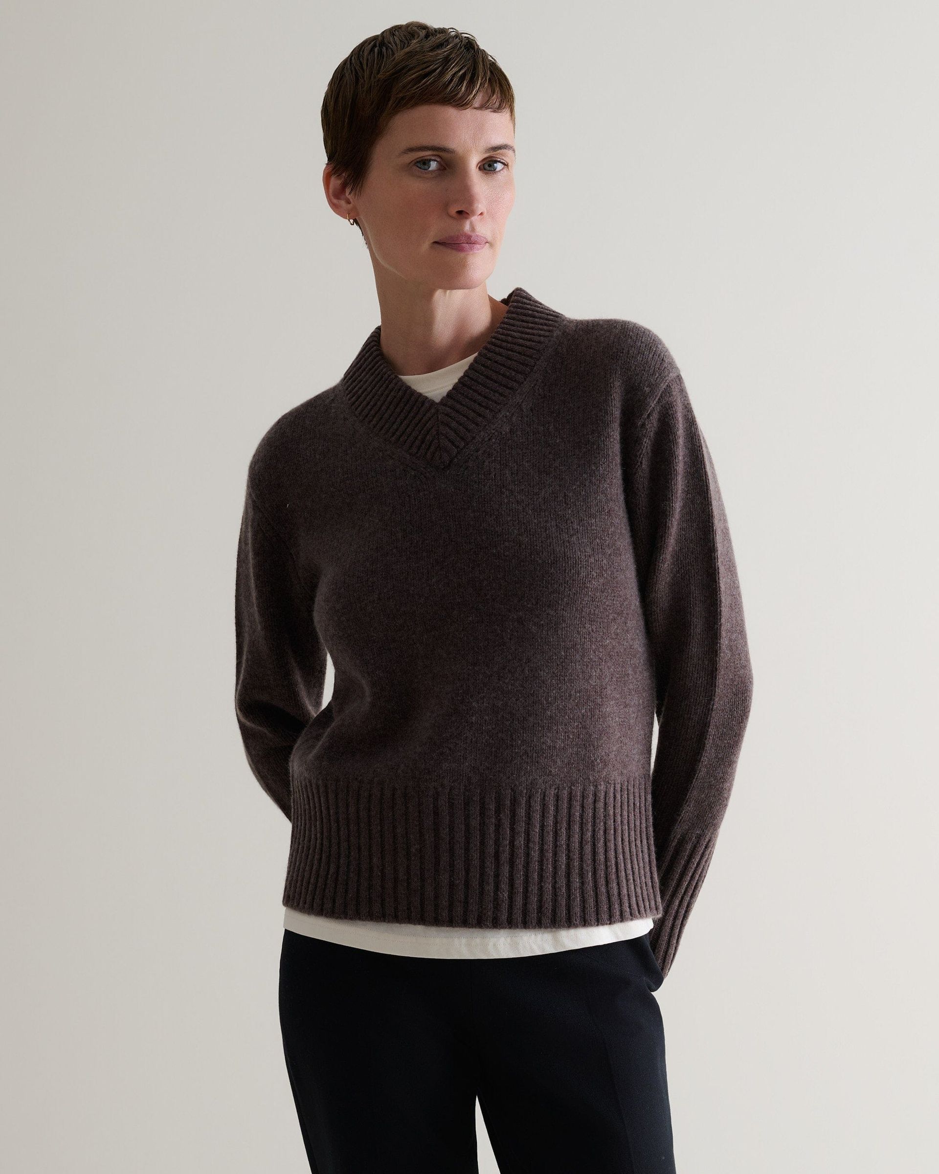 Rise & Fall, Chocolate Cashmere Merino V Neck Jumper | Rise & Fall