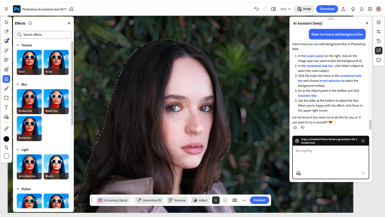 A screenshot of the AI Assistant on Photoshop Web