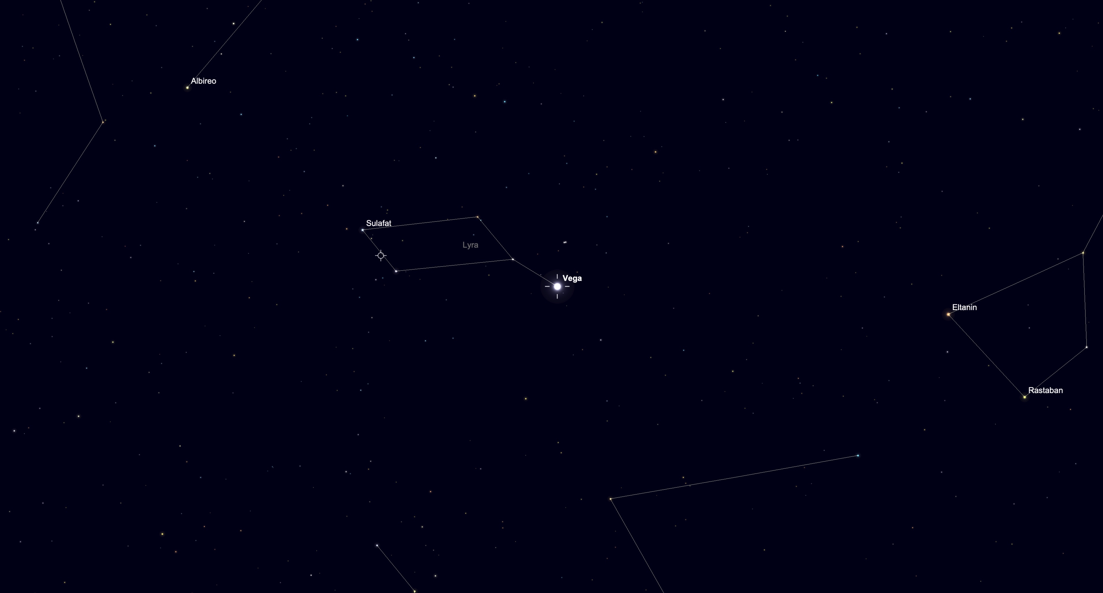 A simulation of the night sky for April 13 showing the bright star Vega in the center of the image with the other stars of the constellation Lyra to its left. The stars of major constellations are connected by white lines in a black sky dotted with lesser stars.