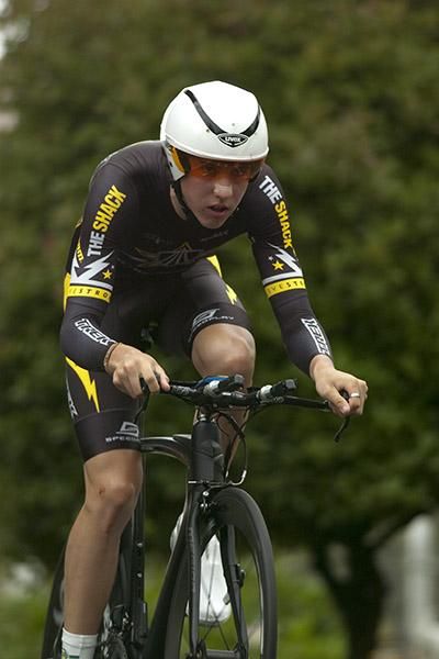 Dale Parker from South Australia heads down the main street of Learmonth during the 27.1 kilometre men's under 23 time trial championship.