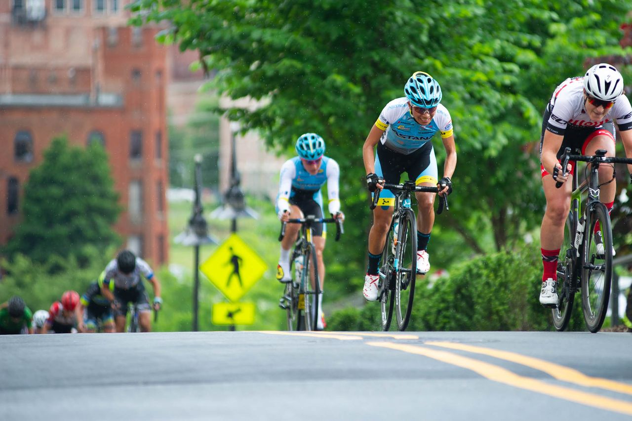 Team Astana riders bridge to the front group during the criterium