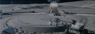 a base full of buildings and solar panels on the grey, dusty surface of the moon