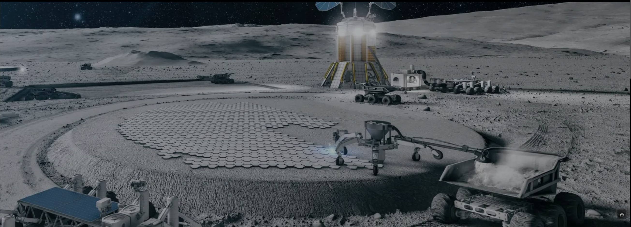 a base full of buildings and solar panels on the grey, dusty surface of the moon