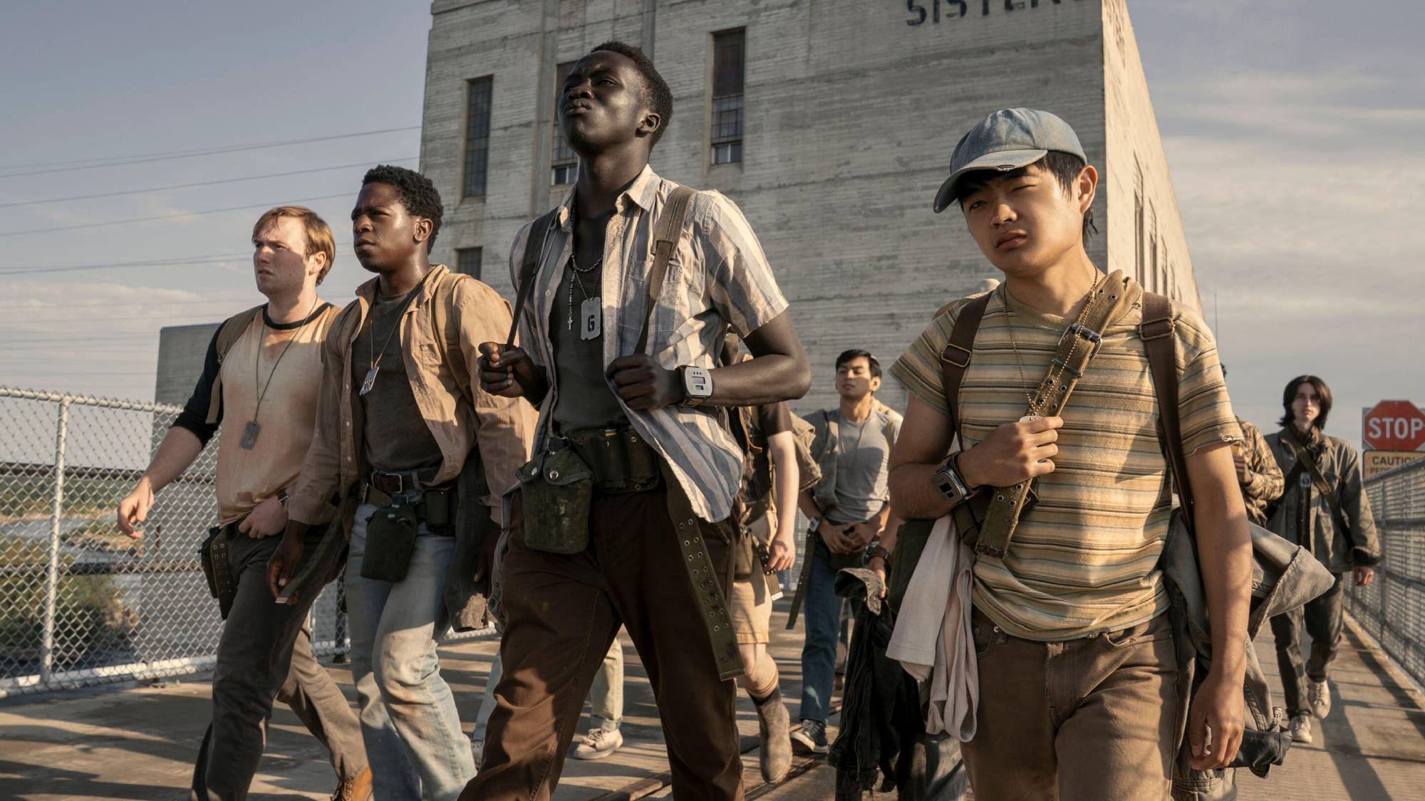 (L-R) Cooper Hoffman as Raymond Garraty, David Jonsson as Peter McVries, Tut Nyuot as Arthur Baker and Ben Wang as Hank Olson in &quot;The Long Walk&quot;