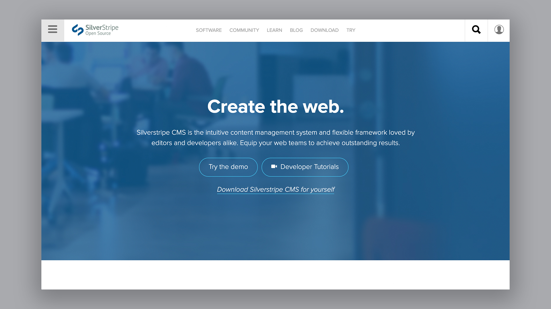 Homepage of SilverStripe, one of the best blogging platforms, with the headline 'Create the web'
