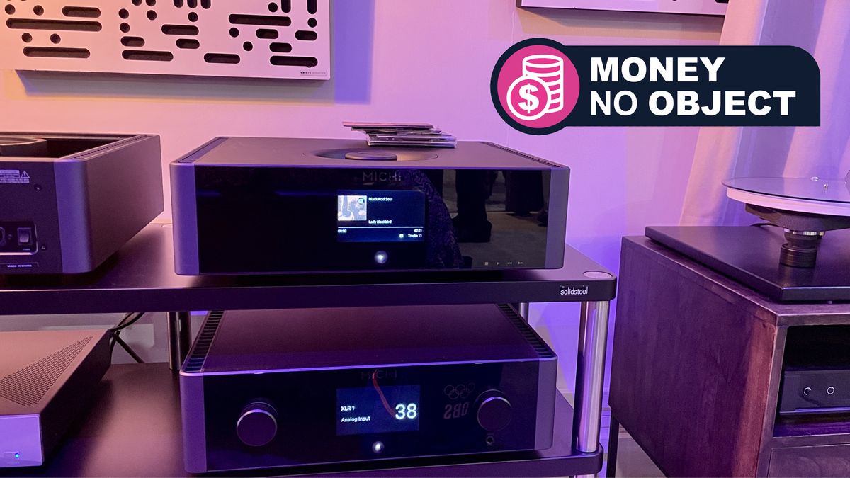 Rotel Michi Q5 Transport DAC in a hi-fi listening room with TR&#039;s &#039;Money no object&#039; franchise badge