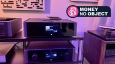 Rotel Michi Q5 Transport DAC in a hi-fi listening room with TR's 'Money no object' franchise badge