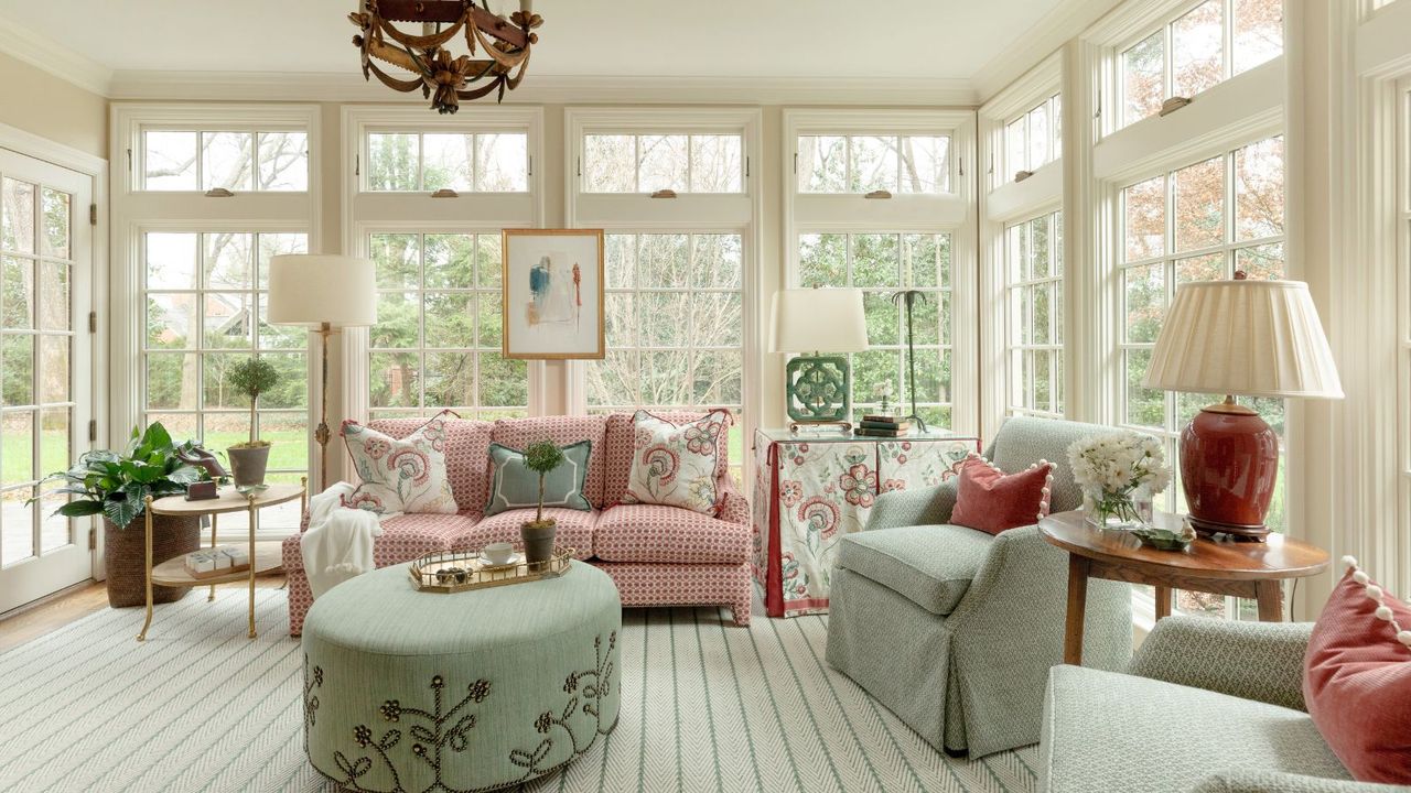 conservatory living space with pink and green decor