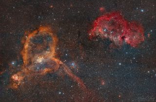 This deep-space image shows the Heart and Soul nebulas shining brightly in reddish hues from energized hydrogen. The photo was captured from the Cumeada Observatory in Portugal's Dark Sky Alqueva Reserve.