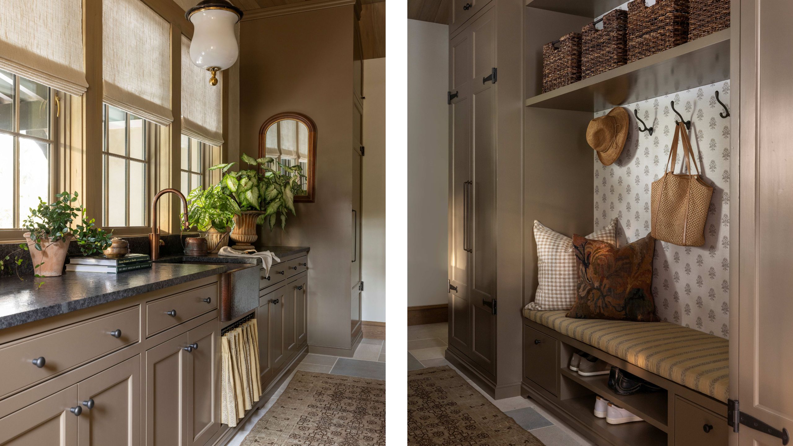 two side by side images of a warm moody brown painted mudroom with custom cabinetry and storage